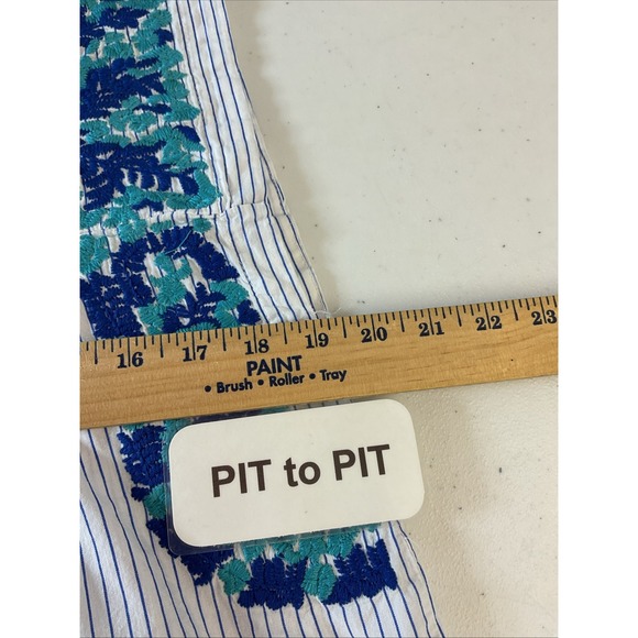 J Marie Blue Striped Embroidered Floral Top Sleeveless Size L Cotton Boho - Picture 7 of 9